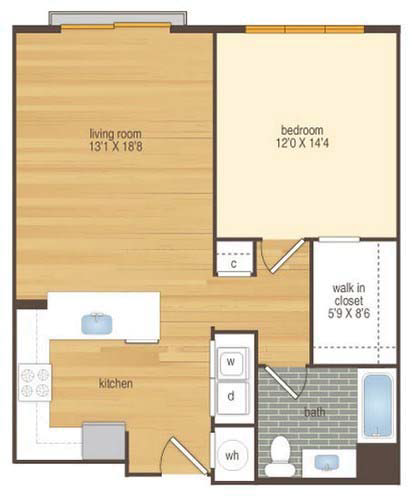 Floor plan for 1 bed, 1 bath, 800 sqft